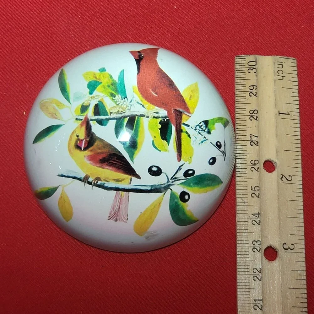 Vintage Art Glass Paperweight Bird on Olive Branches Half Round Dome